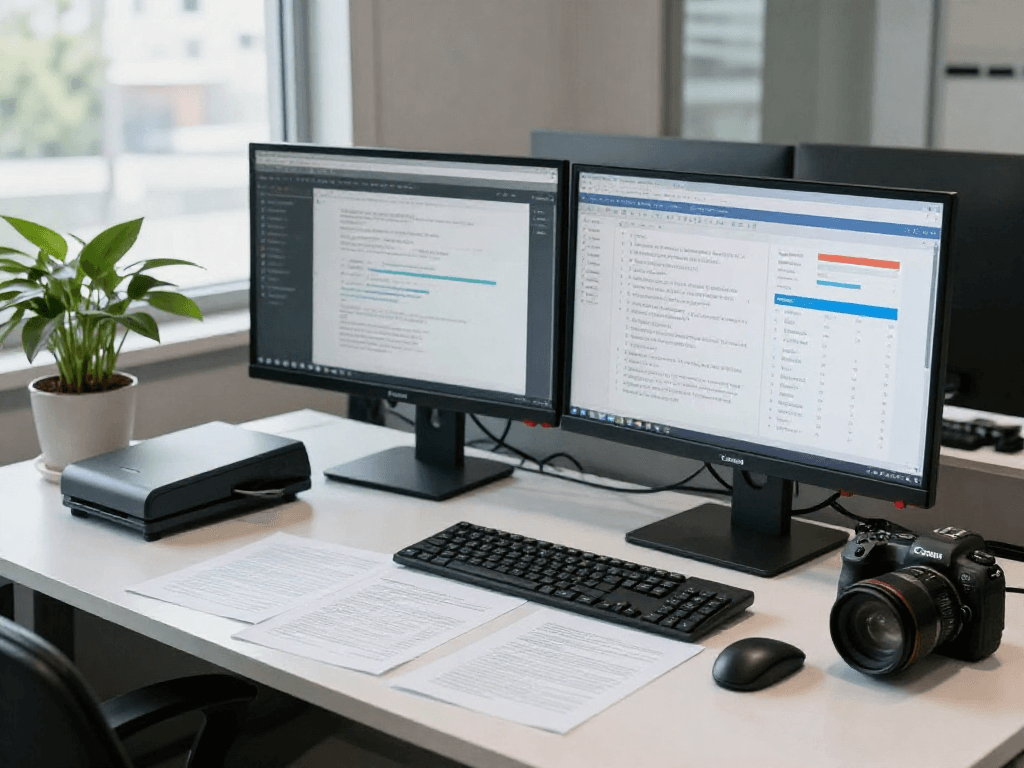 Data analyst performing document fraud detection with advanced analytics, highlighting high-tech analysis tools and workspace.