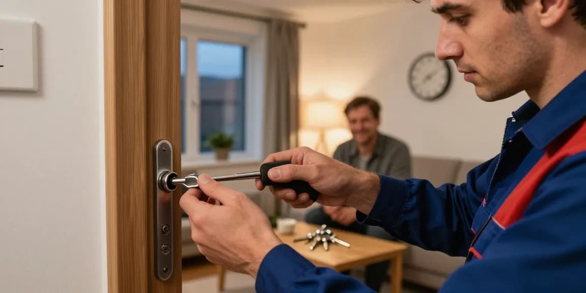 Professioneller Schlüsselnotdienst Aachen bei der Türöffnung mit spezialisiertem Werkzeug und zufriedenen Hauseigentümern.