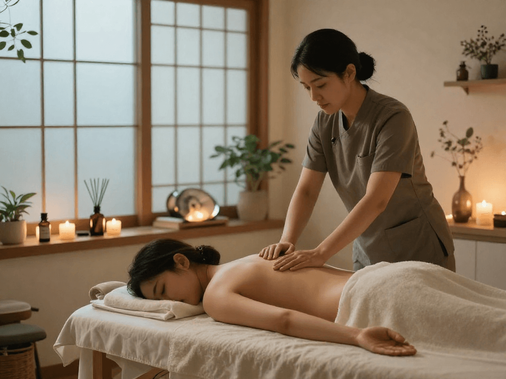 Relaxation during 인천출장안마 with a serene spa setting.