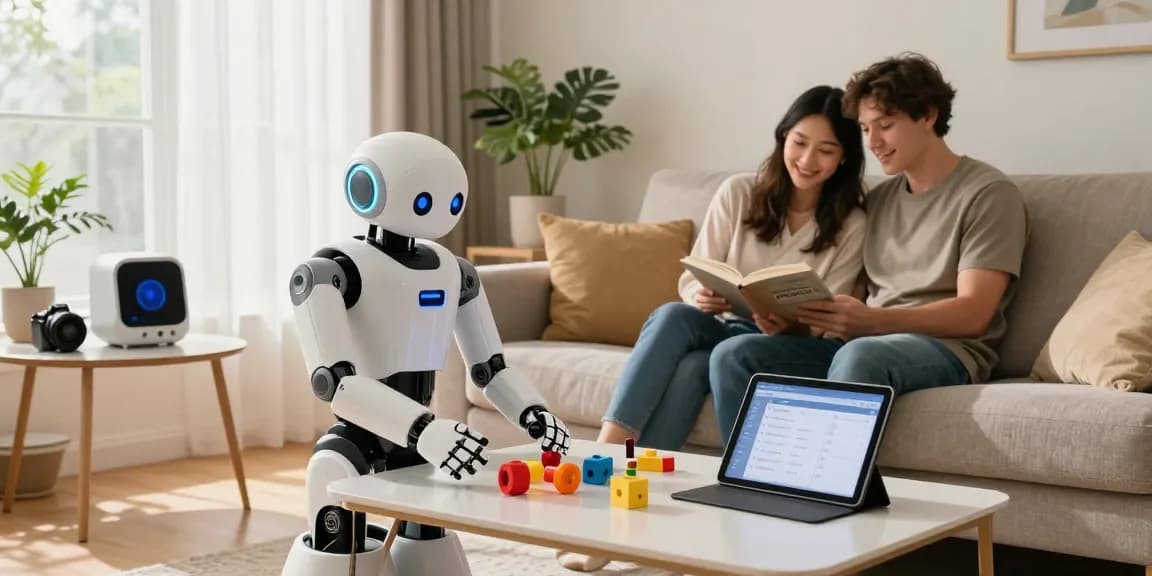 A home robot assists a couple by tidying toys in a modern living room, showcasing home technology integration.