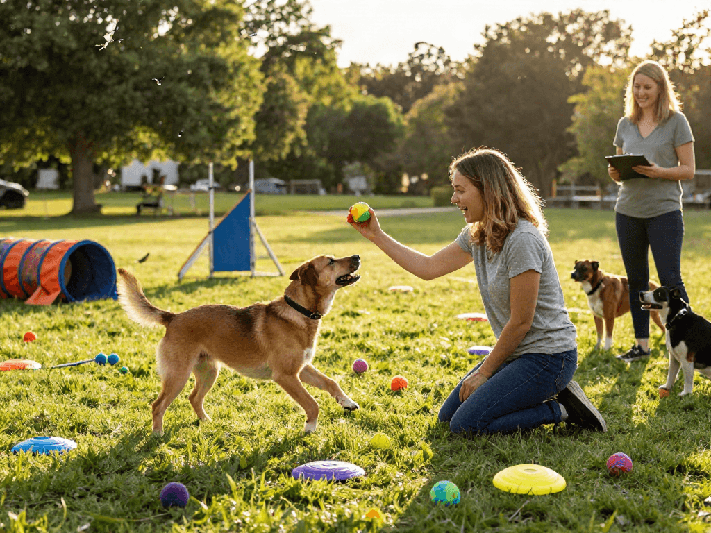 Owner rewards dog for a successful trick in a sunny park, showcasing depo 10k in training success.