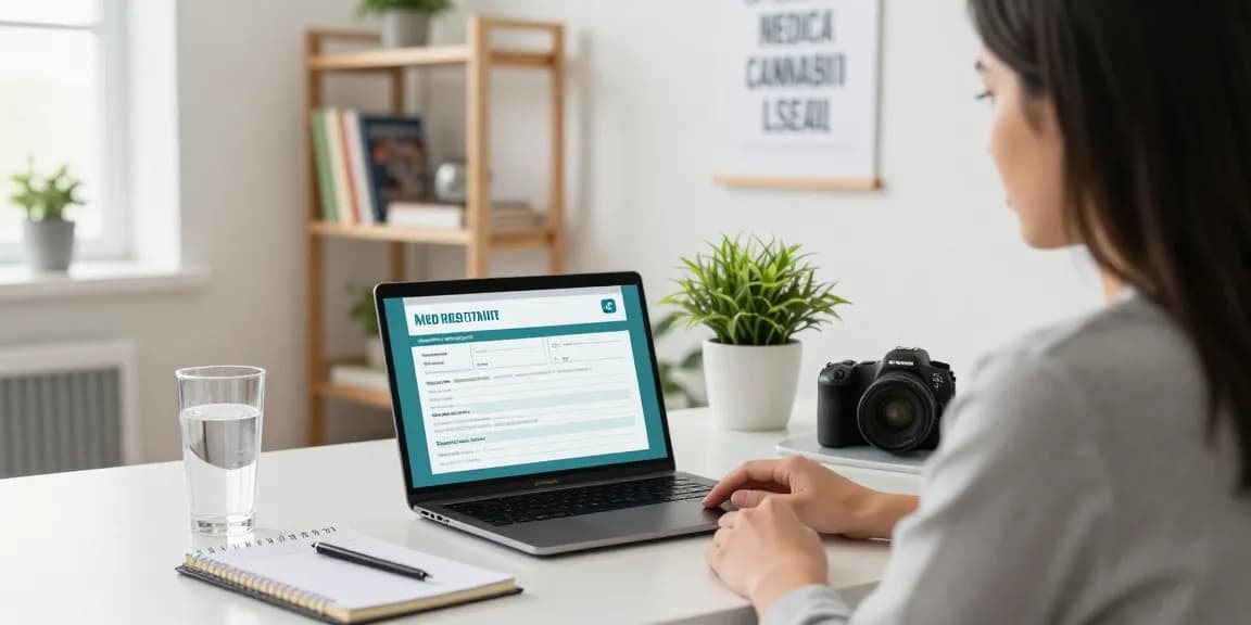 Medizinisches Cannabis Online bestellen während einer telemedizinischen Konsultation am Schreibtisch mit Laptop und Notizen.