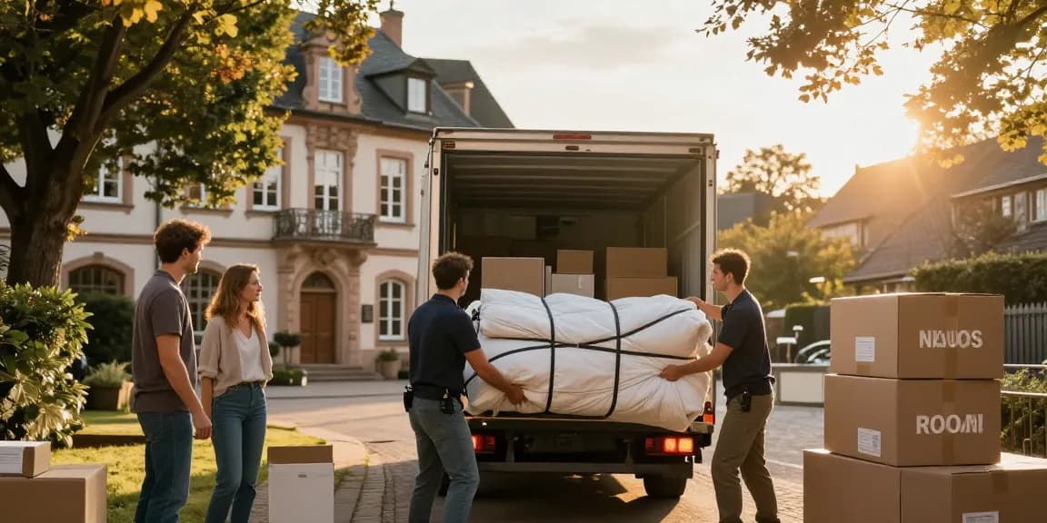 Umzugsunternehmen Speyer - Professionelles Team während eines Umzugs mit Möbeln und Kisten in der historischen Altstadt.