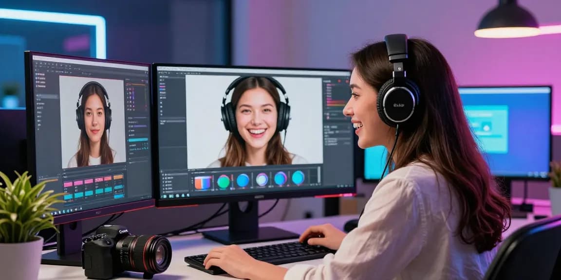 KI Gesichtstausch Demonstration mit junger Frau in digitalem Studio.