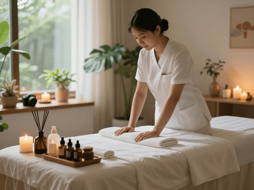 안산출장안마 in a soothing massage therapy room with calming atmosphere and professional therapist.