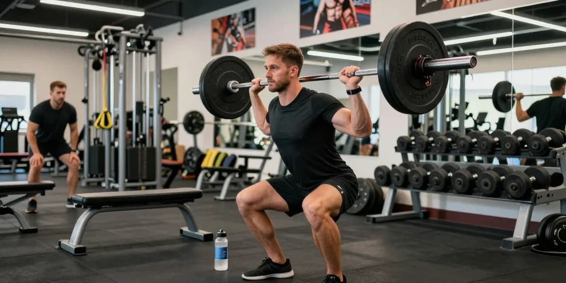 Sportlicher Mann beim Gewichtheben in einem modernen Fitnessstudio, der Prime Pharma Steroide für verbesserte Leistung und Muskelwachstum präsentiert.
