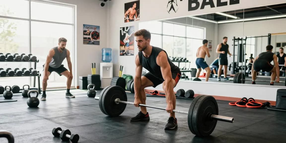 Aktiver Mann mit Gewichten im Astera Shop, moderne Fitnessstudio-Atmosphäre