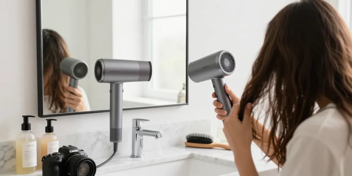 Stylischer Laifen Föhn in einem modernen Badezimmer, während eine Person ihre Haare trocknet.