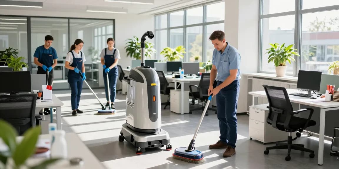 Büroreinigung Göttingen durch professionelles Reinigungsteam in modernem Arbeitsplatz mit Sonnenschein und gepflegter Atmosphäre.