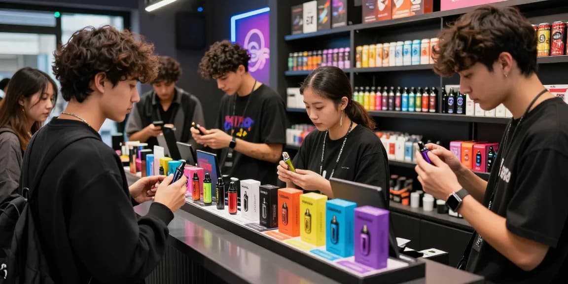 Engagierte Kunden und Tornado Vapes im modernen Vape-Shop im Fokus