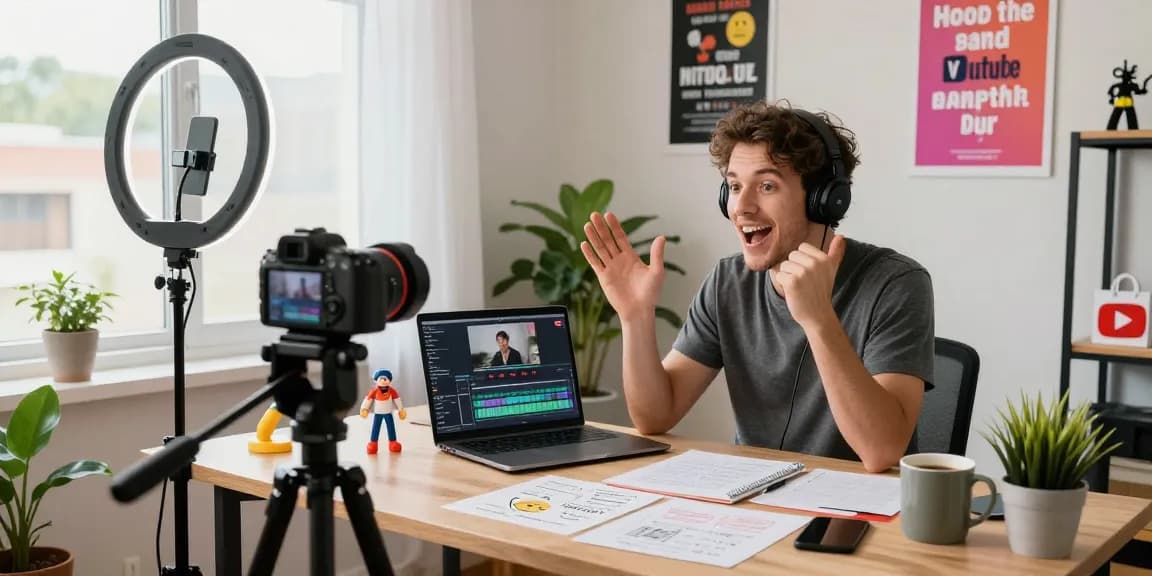 YouTube Abonnenten kaufen in einem kreativen Home-Office, während ein Content-Creator ein Video aufnimmt