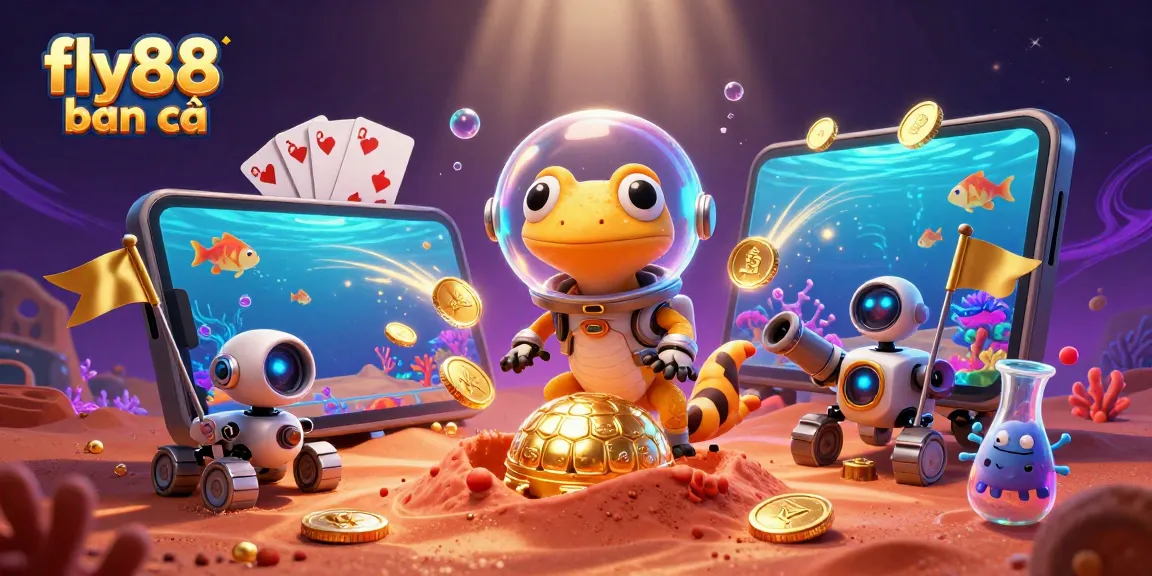 Experience the excitement of fish shooting with fly88 bắn cá, featuring colorful 3D characters, vibrant coins, and thrilling underwater action.