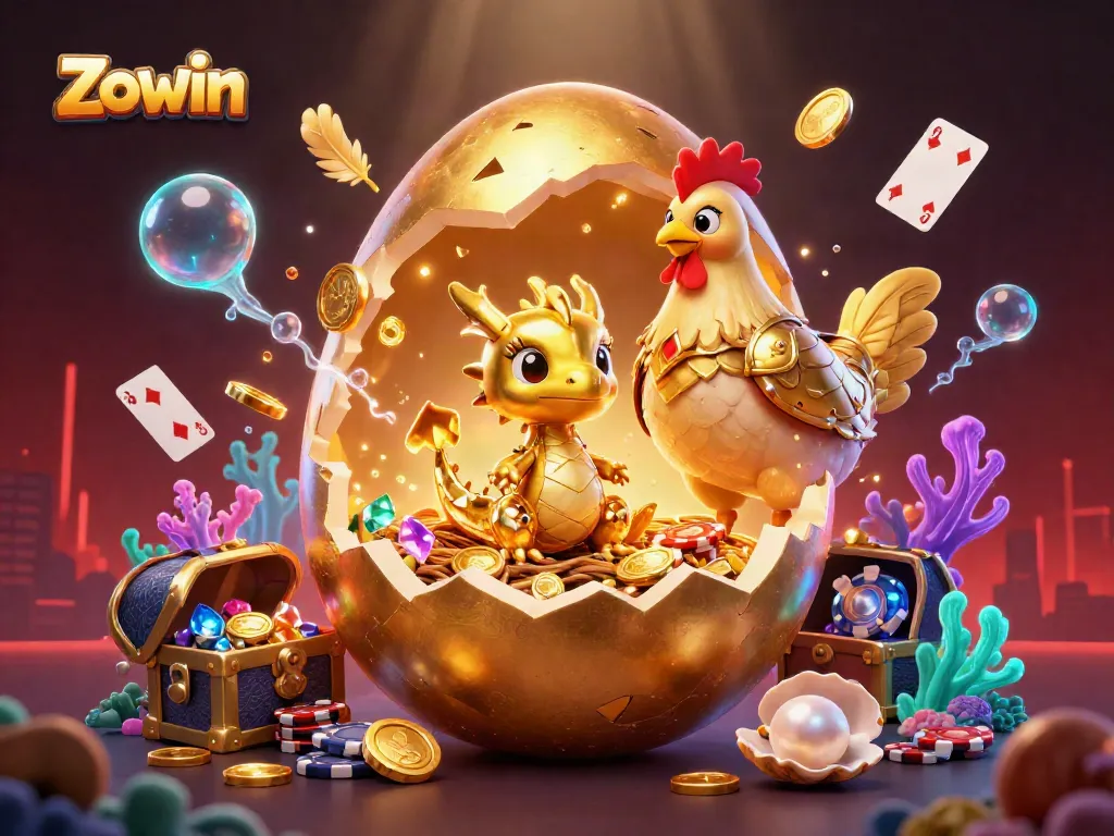 Zowin reveals a golden dragon amidst poker chips, sparkling gems, and dynamic casino elements