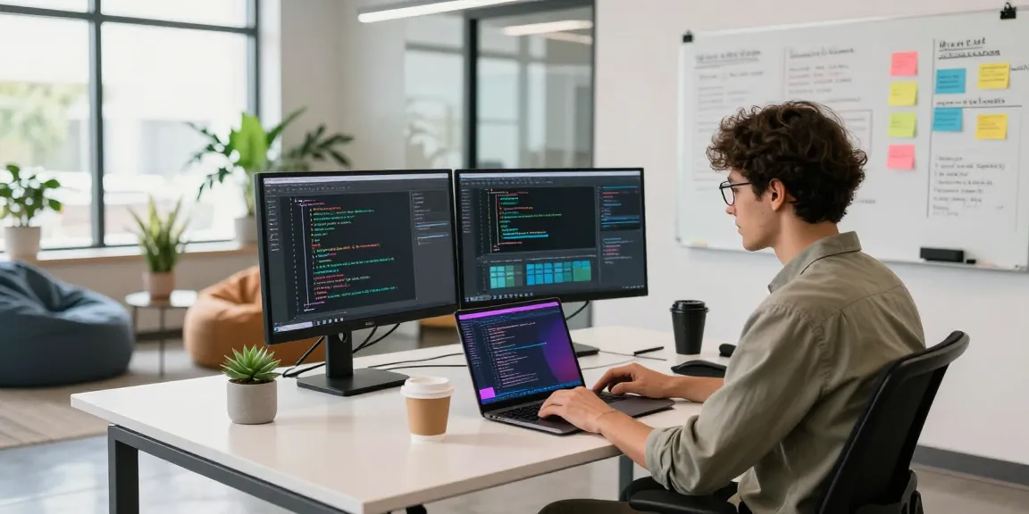 Developer working at an innovative tech workspace, focused on coding at https://sc88.chat/ with dual monitors and a collaborative environment.
