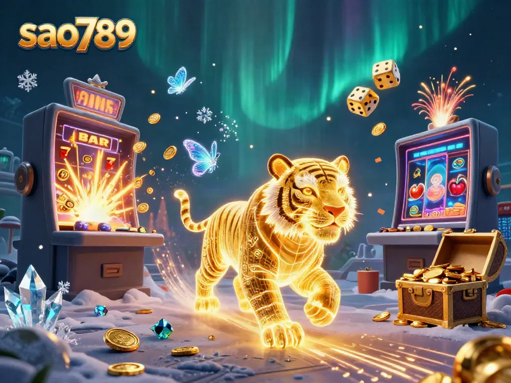 Experience the excitement of sao789 with a golden tiger and jackpot delights in this vibrant digital casino art.