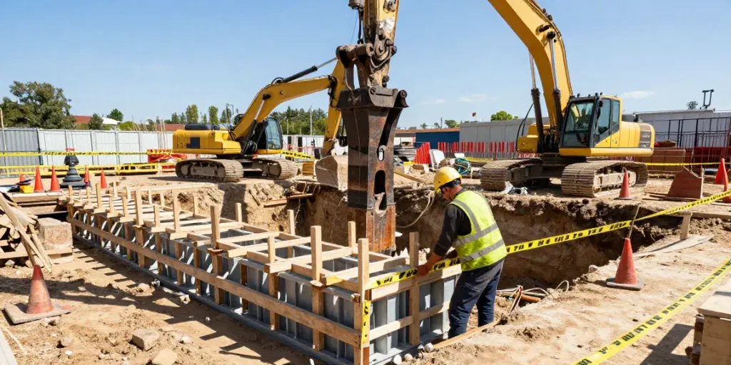 Baugrubensicherung Wien: Bauarbeiter installiert Sicherheitsstrukturen an einer Baustelle für optimale Grubensicherung.