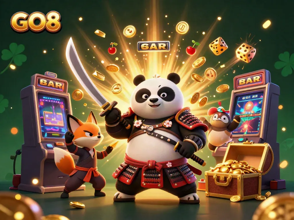 Experience the exciting GO8 casino scene with samurai panda, ninja fox, and magical tanuki amidst vibrant gaming elements.
