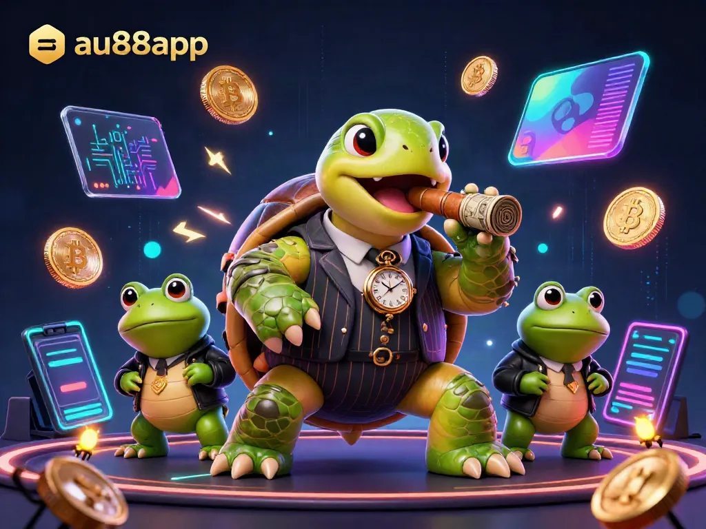 Experience thrilling gaming with au88app in a vibrant 3D casino scene featuring unique characters and crypto elements.