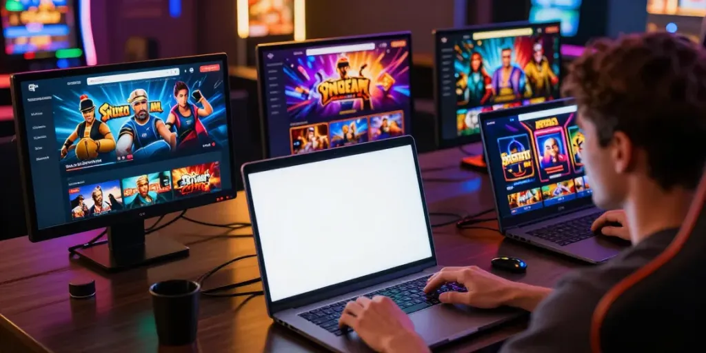 Vibrant online gaming scene on h19gene com showcasing diverse game options and enthusiastic user.