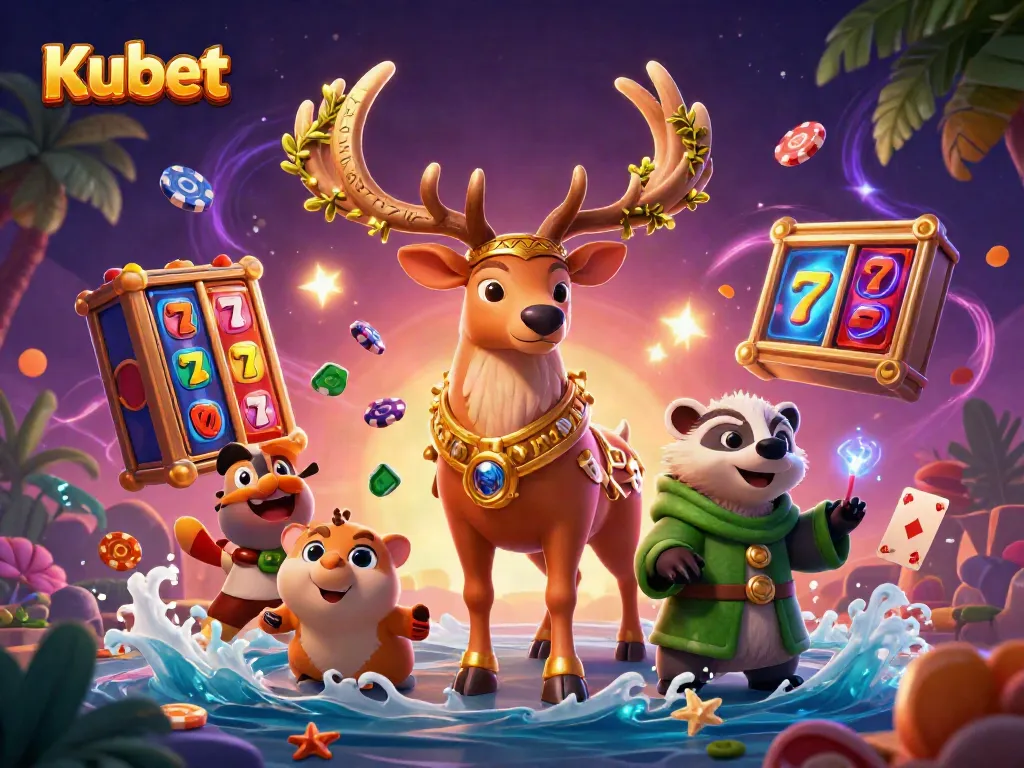 Kubet offers an immersive casino experience featuring dynamic slot reels, druid stag, and playful characters.