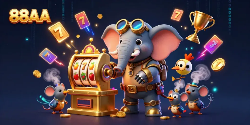 Experience big wins with 88AA's interactive 3D casino scene filled with thrilling slot machines, golden rewards, and vibrant energy.