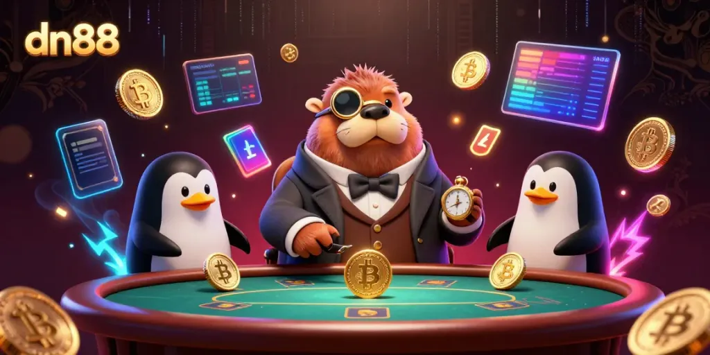 Engage with thrilling poker action at dn88 featuring vibrant 3D characters and crypto elements.