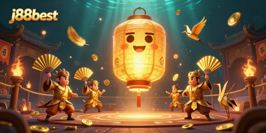 Experience the thrill of winning at j88best with a vibrant 3D casino scene filled with lucky symbols, games, and golden characters.