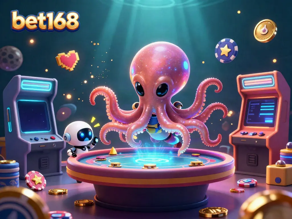 Experience the thrill of bet168 with an alien octopus dealer at a holographic poker table.