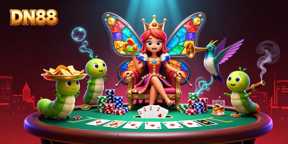 Experience the thrill of gaming at DN88 with vibrant characters surrounded by poker and casino elements.