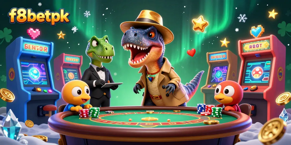 Experience the thrill of f8betpk with a playful casino scene of cartoon dinosaurs at a blackjack table.