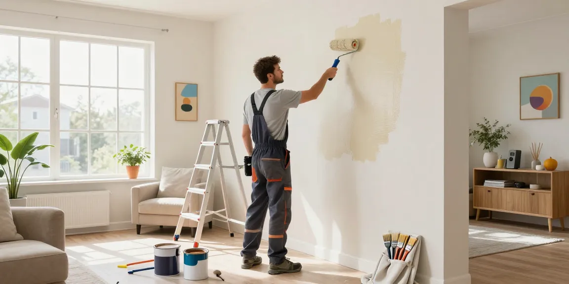 Professioneller Maler und Lackierer in Heidelberg beim Streichen eines Wohnzimmers mit frischer Farbe.