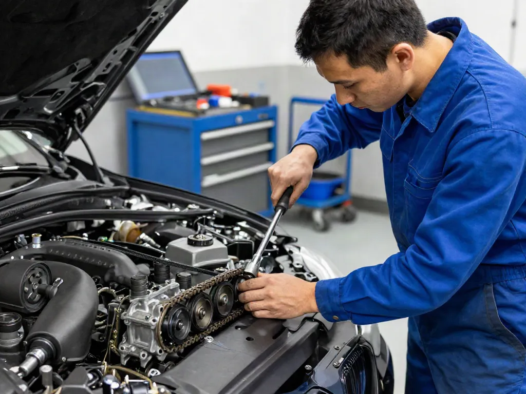 BMW Steuerkette Hannover: Mechaniker arbeitet konzentriert an BMW-Motor, während er die Steuerkette ersetzt.