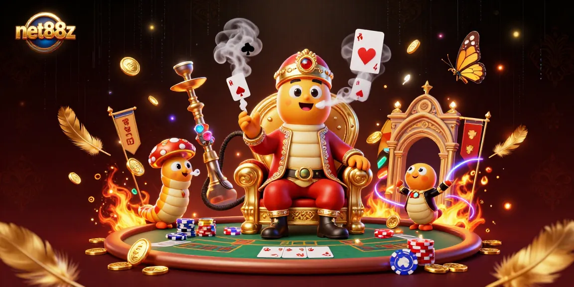 Engage with net88z's vibrant 3D poker scene illustrated by an enormous caterpillar hookah-master.