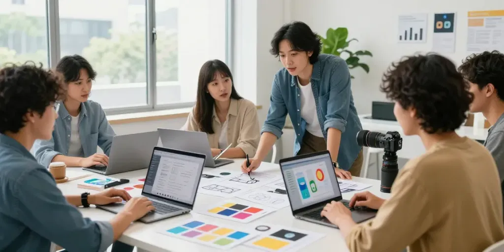 Collaborative team working on innovative Produkte designs in a modern office setting.
