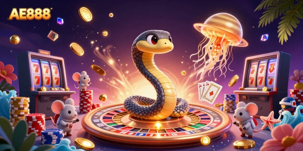 Experience thrilling bets at AE888 with vibrant cosmic casino characters amidst casino elements.