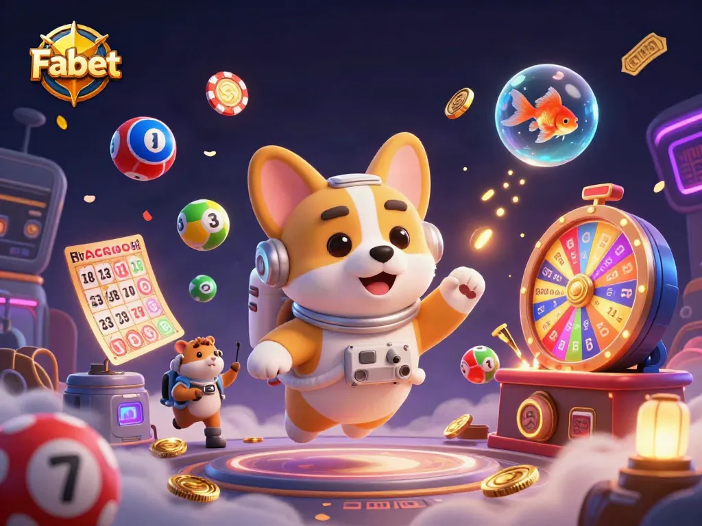 Experience Fabet's dynamic casino fun with a corgi astronaut and colorful lottery balls.