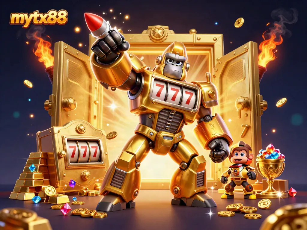 Mytx88 showcases thrilling casino action with a golden gorilla mech and treasure bursting out.