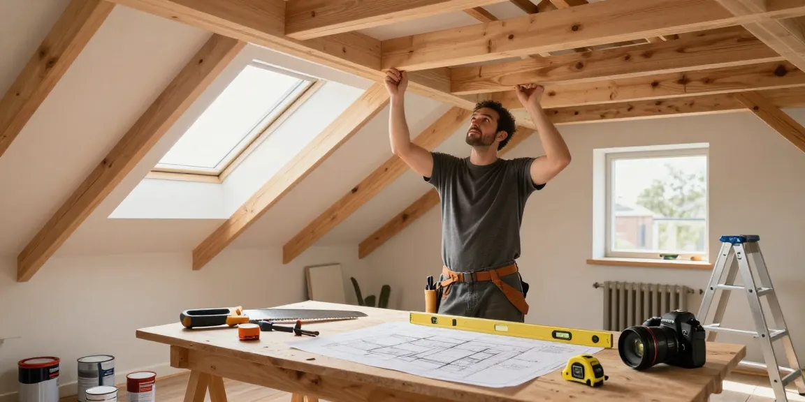 Dachgeschossausbau Augsburg: Handwerker installiert Holzträger in modernem Dachraum mit viel Tageslicht.