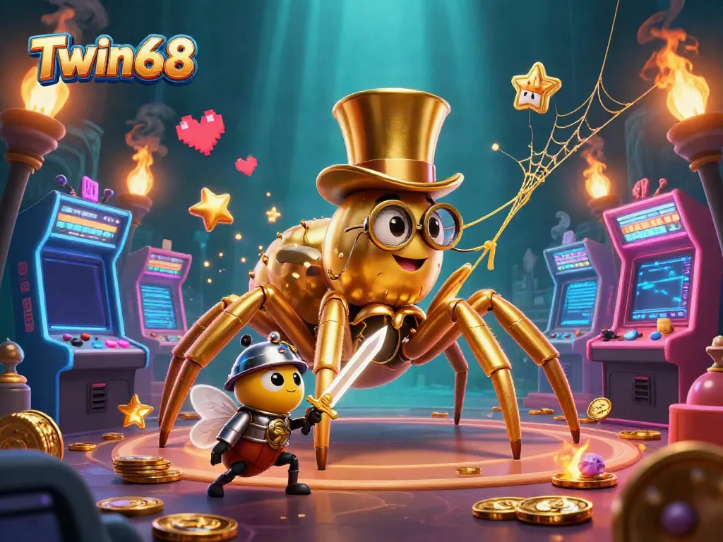 Twin68 showcases a golden tarantula and knight in an engaging casino-themed illustration