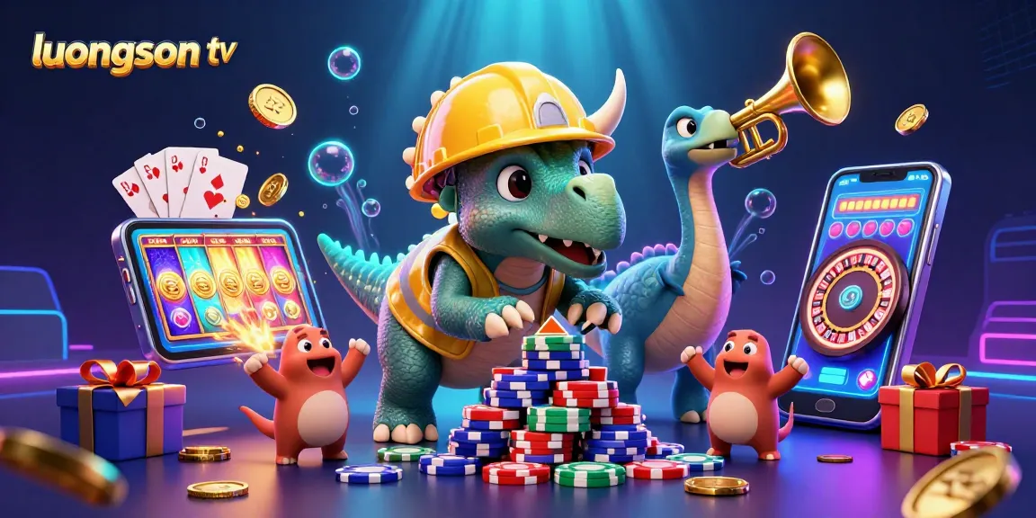 Experience thrilling gaming at luongson tv with a cheery dinosaur building poker chip pyramids amidst vibrant casino elements.