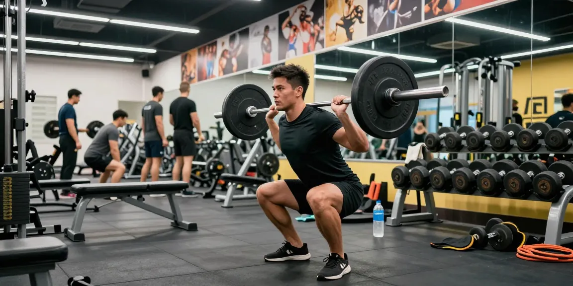 Dynamisches Fitnesstraining im Anabolika Shop Deutschland, das einen Bodybuilder zeigt, der mit perfekter Form im Gym Equipment squattet.