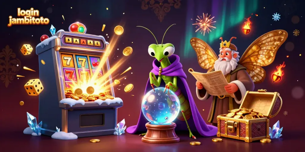 Engage with login jambitoto, featuring a fortune teller and an ancient librarian amidst vibrant casino elements.