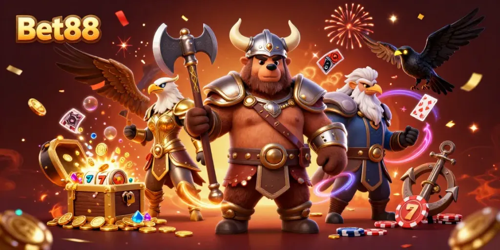 Experience thrilling adventures at Bet88 with dynamic 3D characters, slots, and casino elements.
