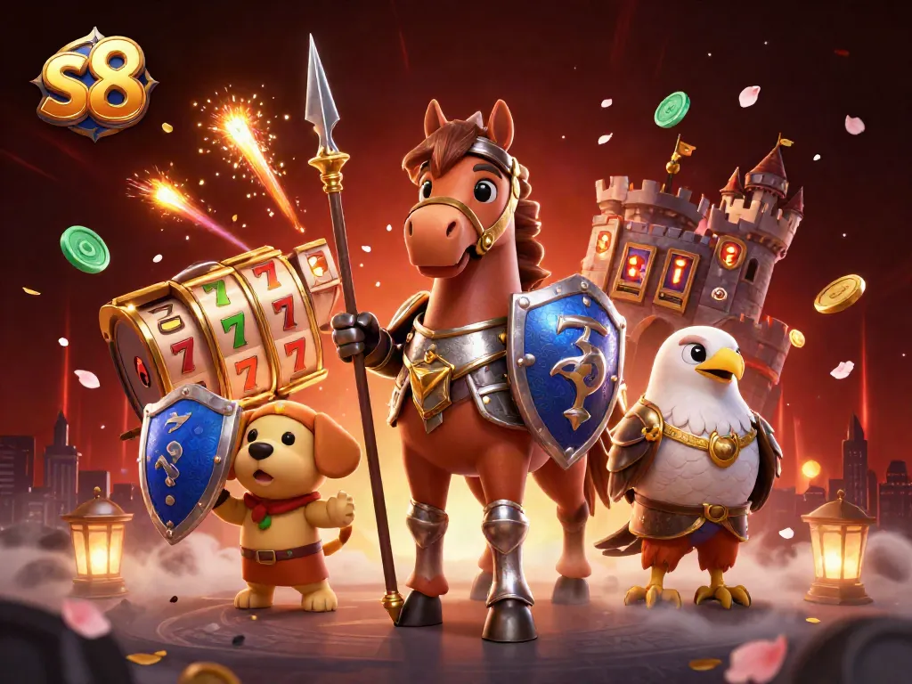 Engage with s8 slot machine action through a vibrant scene featuring a knight, puppy, and falcon.