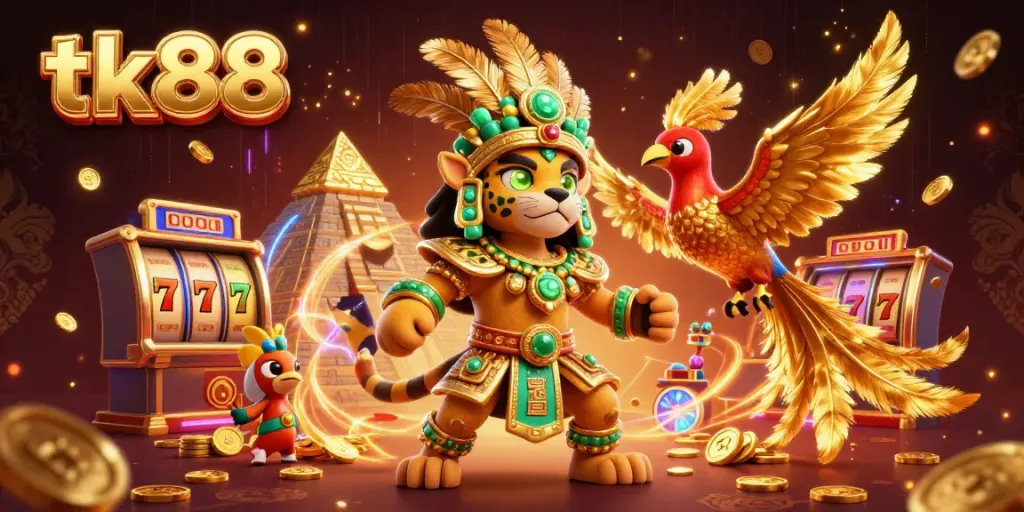 Experience thrilling action with tk88 in a vibrant casino scene featuring a Mayan priest and quetzal bird.