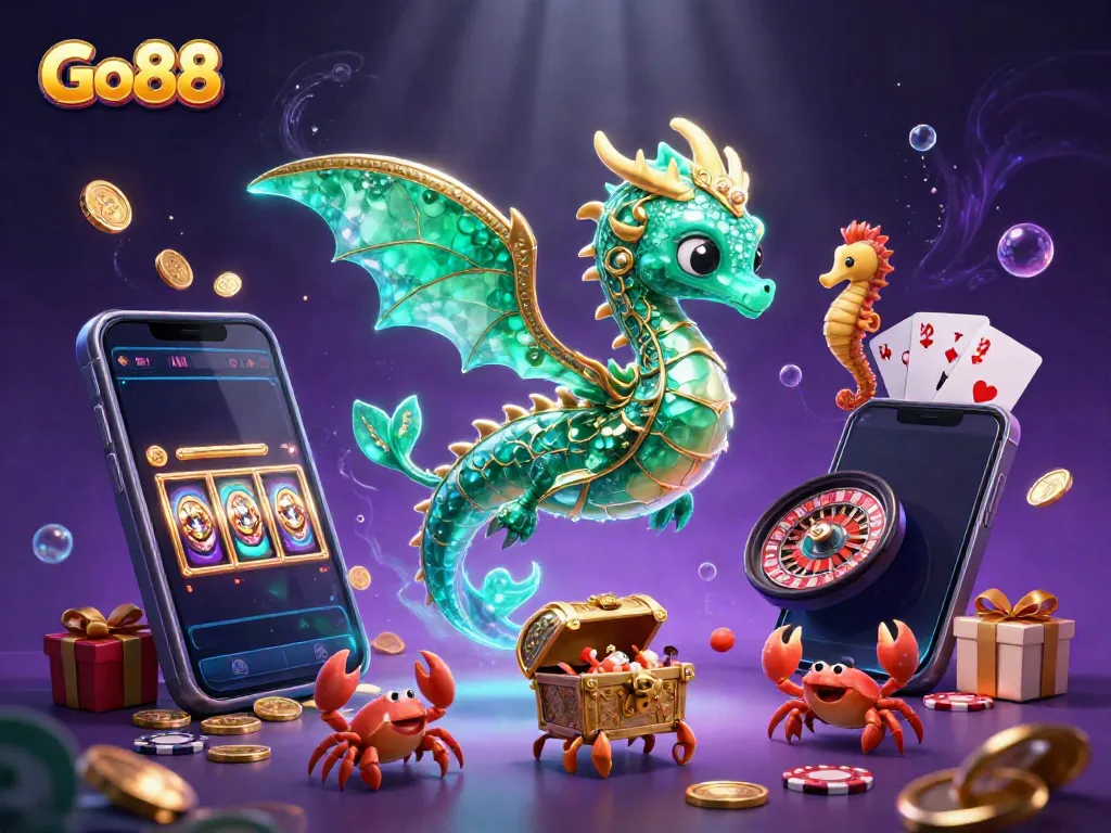 Experience thrilling wins with Go88's vibrant underwater casino adventure illustration featuring jewels and games.