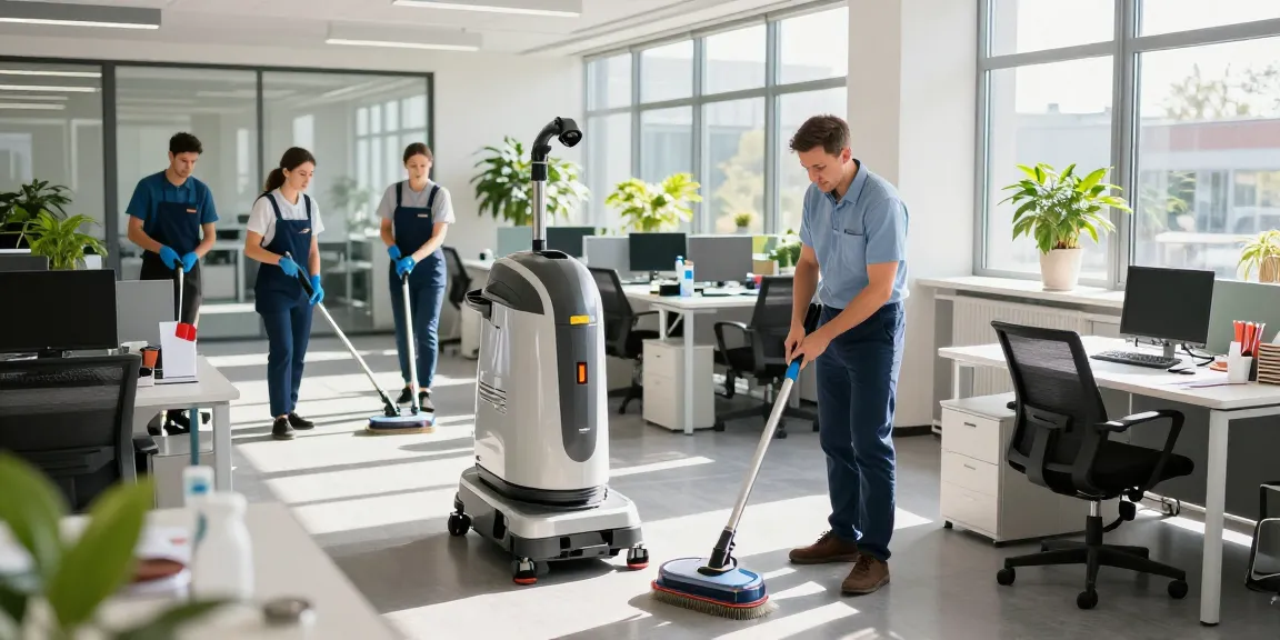 Büroreinigung Göttingen durch professionelles Reinigungsteam in modernem Arbeitsplatz mit Sonnenschein und gepflegter Atmosphäre.