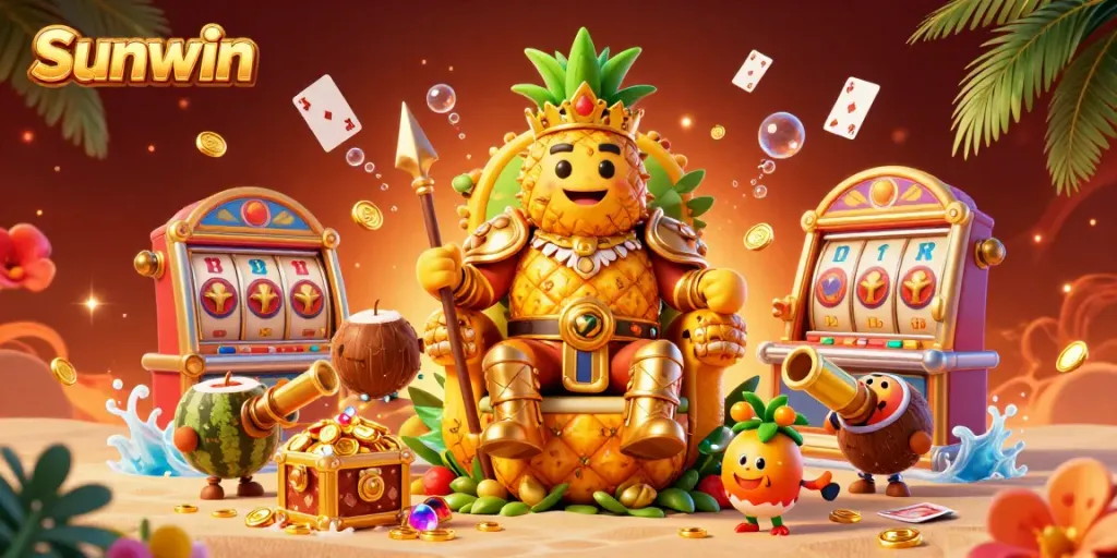 Engage in thrilling Sunwin casino action with our vibrant 3D illustration showcasing a pineapple king and slot machines.