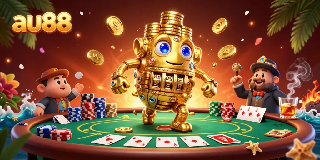 Engage in thrilling poker action at au88 with a dynamic scene featuring a golden golem, poker elements, and vibrant casino atmosphere.