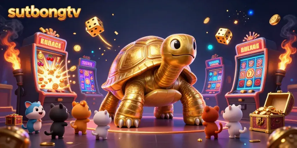 Sutbongtv showcases a vibrant scene of playful animals around a golden tortoise pinball machine amidst exciting casino elements.